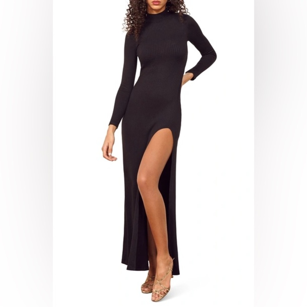 Reformation Albee black mock neck ribbed maxi dress with slit